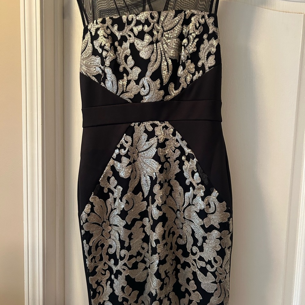 Studio One Black and Silver Jacquard Cocktail Dress